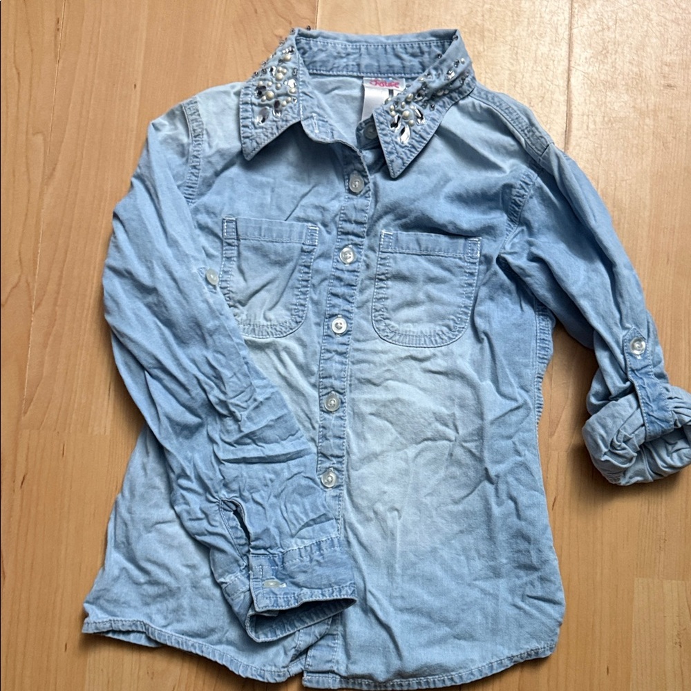 Justice Light Blue Denim Kids Shirt with Embellished Collar
